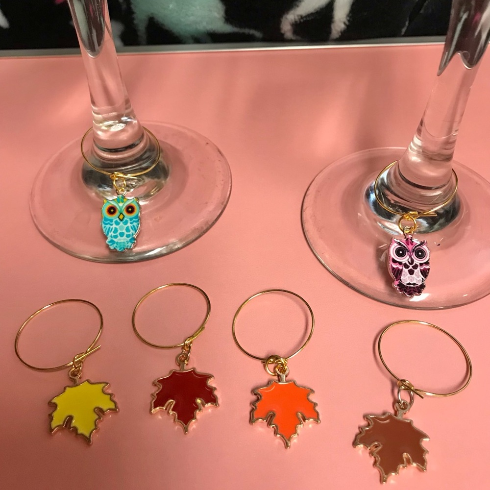 Fall Wine Charms Set | Leaf & Owl Glass Markers | Witchy Cottage Entertaining